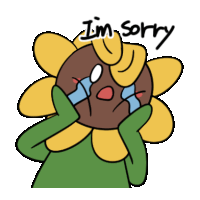 a cartoon drawing of a sunflower saying sorry