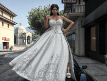 a woman in a wedding dress is standing in front of a sign that says rhss