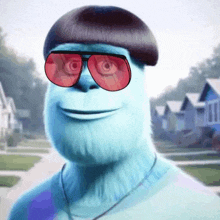 a blue cartoon character wearing red sunglasses and a hat