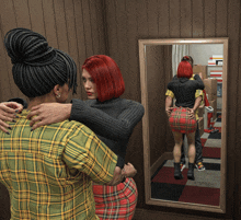 a woman in a plaid shirt is hugging another woman