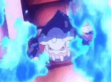 a cartoon character is surrounded by blue smoke