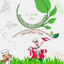 a poster for roheline kampaania shows a chef on a scooter holding a pizza box