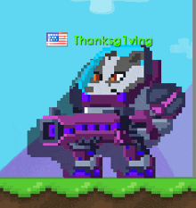 a pixel art drawing of a raccoon holding a gun with the words thanksgiving written above it