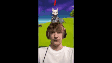 a young man wearing headphones is playing a video game with a fox on top of his head .