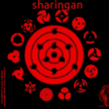 a black background with red circles and the words sharingan