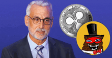 a man in a suit and tie stands in front of a coin that says ripple