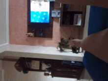 a person 's foot is visible in front of a tv