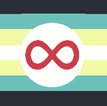 an infinity symbol in a white circle on a blue and yellow background