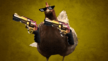 a chicken wearing sunglasses holds two guns