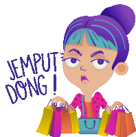 a cartoon illustration of a woman holding shopping bags that says jemput dong !