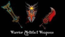 three warrior artifact weapons with a shield on a black background .