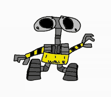 a drawing of wall e with a yellow and black striped shirt