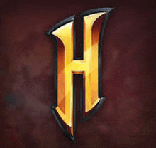 a gold letter h on a dark red background .