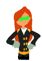 a cartoon character with red hair wearing a black jacket and green glasses