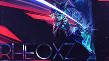 a poster for rheoxz shows a person holding a sword