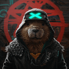 a painting of a beaver wearing a hooded jacket and a hat with a green x on it