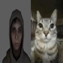 a man in a hoodie is next to a cat