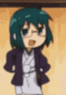 a cartoon girl with green hair and glasses is standing with her hands on her hips and making a funny face .