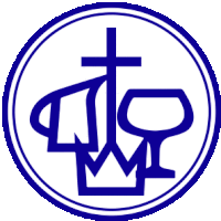 a blue circle with a cross and a crown inside of it