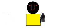 a black circle with a red u on it is sitting on top of a yellow square .