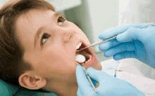 a young boy is having his teeth examined by a dentist in a dental office .