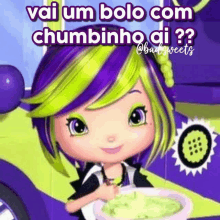 a cartoon girl with purple and green hair is holding a bowl of food and says vai um bolo com chumbinho ai ?