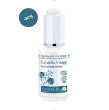 a bottle of centella visage face centella serum with a blue circle around it that says -30 %