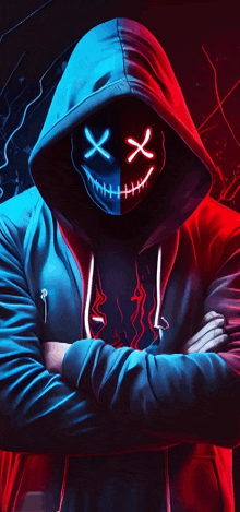 a man in a hoodie with glowing eyes and a smiley face on his face