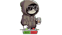 a cartoon character holding a cup of coffee next to a buy sell button