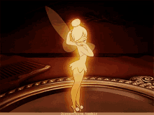 a cartoon of tinkerbell standing in front of a mirror with disneychar tumblr written below her