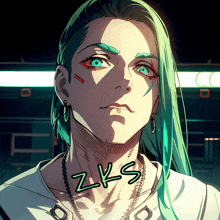 a drawing of a man with green hair and the letters zks on his chest