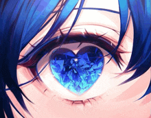 a close up of a girl 's eye with a blue heart shaped diamond in it