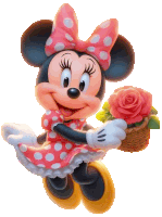 minnie mouse is holding a basket of flowers and smiling