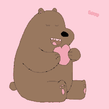 a drawing of a bear holding a pink heart with the word love behind it