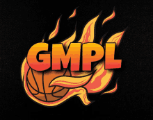 a logo for the gmpl basketball team with flames around it