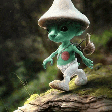 a green elf wearing a mushroom hat and carrying a snail on his back is walking on a rock .