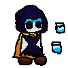 a pixel art drawing of a cartoon character wearing a hood and cape .