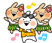 a cartoon of three bunny rabbits wearing hawaiian outfits and sunglasses