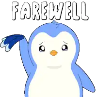a blue and white penguin says farewell with a towel in its hand