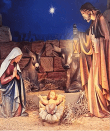 a nativity scene with jesus mary and joseph and a donkey