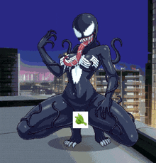 a pixel art drawing of a woman in a venom suit with a green leaf on her butt