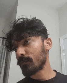 a man with a beard and messy hair is looking at the camera .