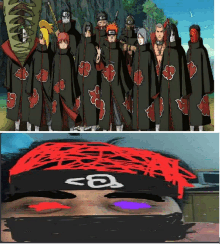 a group of anime characters standing next to each other with a red headband that has the letter a on it