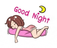 a cartoon of a woman sleeping on a pink pillow with the words `` good night '' .