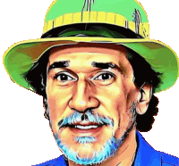 a man with a beard wearing a green hat and a blue shirt