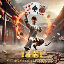 a poster for situs slot gacor shows a man holding playing cards in his hands