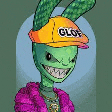 a cartoon drawing of a green alien wearing a yellow hat and a purple necklace .