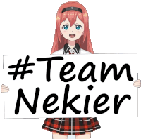 a girl in a plaid skirt holds up a sign that says #team nekier