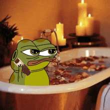 a cartoon frog is sitting in a bathtub with candles in the background