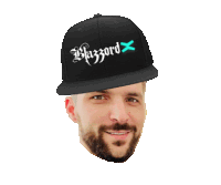 a man with a beard wearing a black hat that says blazzard on it